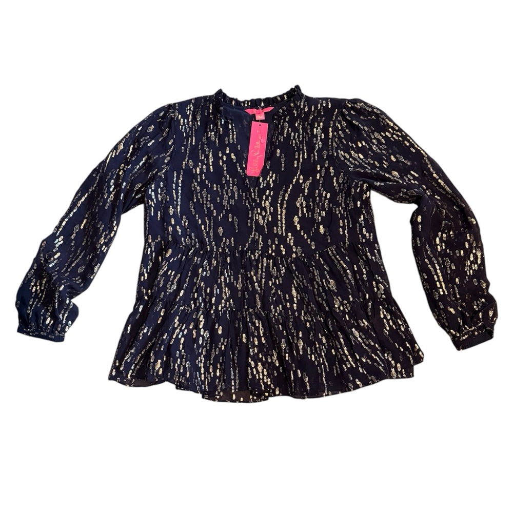 Lilly Pulitzer Women’s Sarita Silk Fish Clip Chiffon Top Navy/Gold NWT Size 12